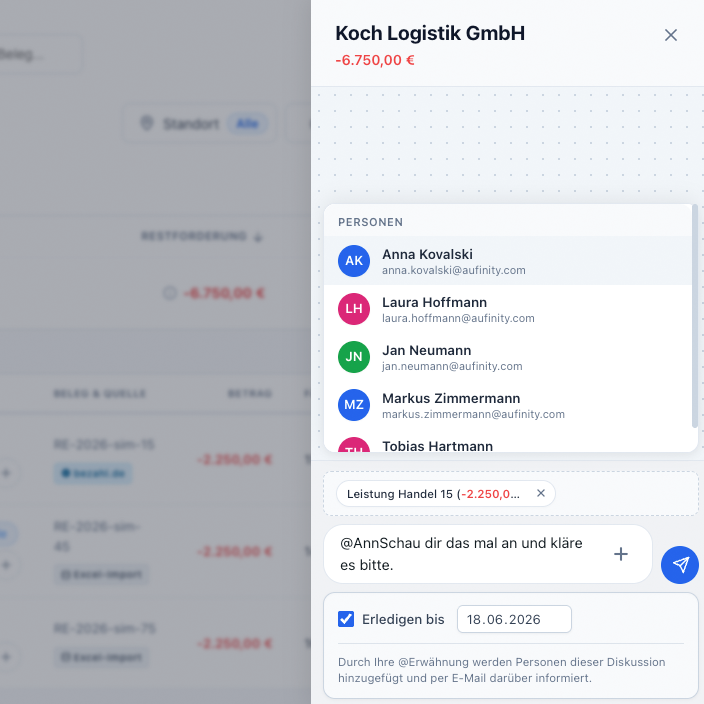 Manager-Ansicht mit Gesamtforderung, Debitoren und Zahlungsstatus
